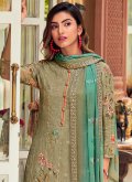 Embroidered Muslin Green Pakistani Suit - 1