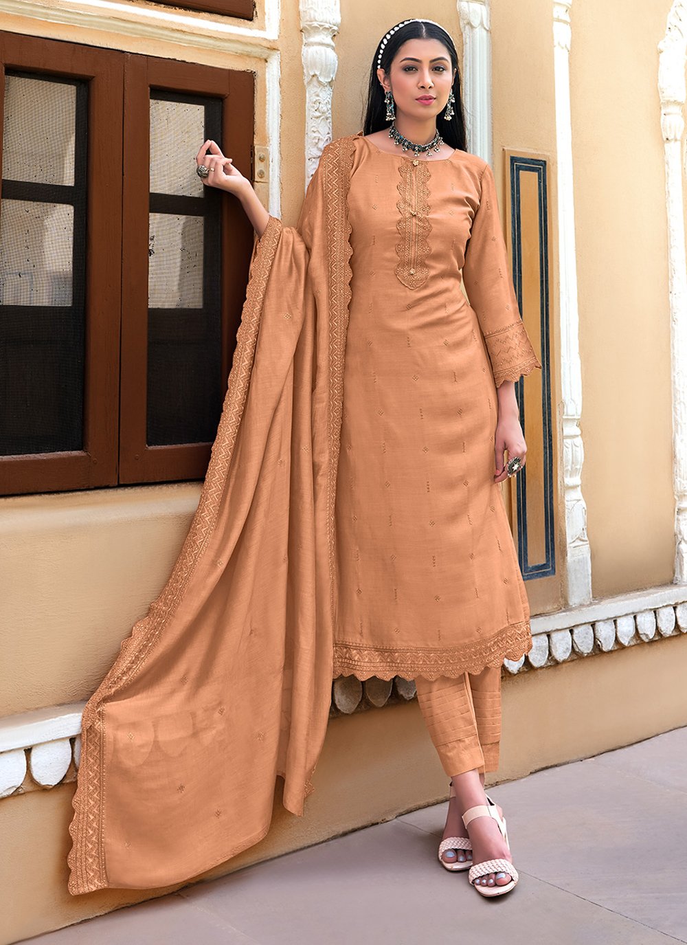 Embroidered Muslin Peach Designer Pakistani Salwar Suit