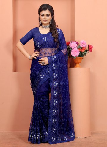 Embroidered Net Blue Contemporary Saree