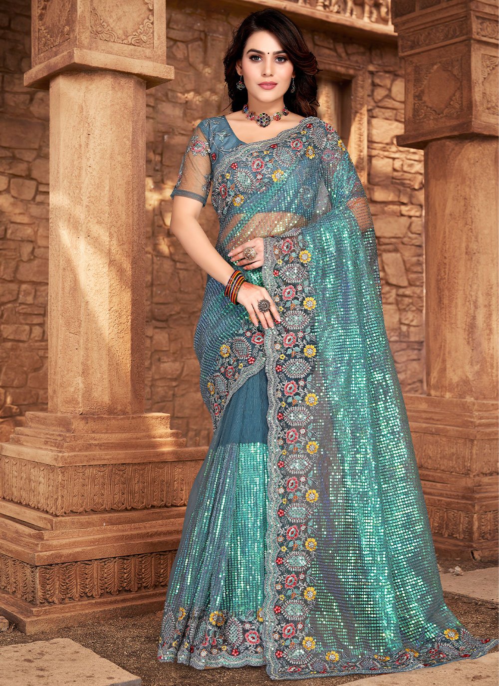 Embroidered Net Blue Trendy Saree