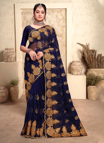 Embroidered Net Blue Trendy Saree