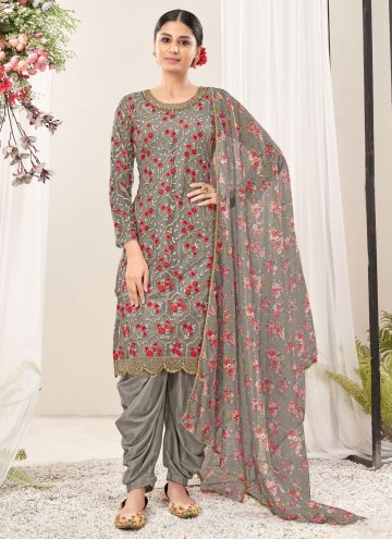 Embroidered Net Grey Patiala Suit