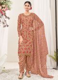 Embroidered Net Peach Salwar Suit - 1