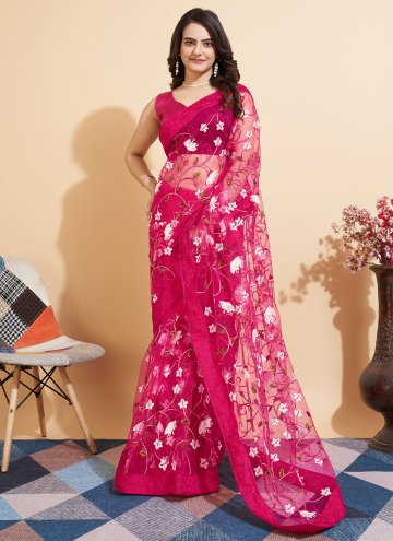 Embroidered Net Pink Classic Designer Saree