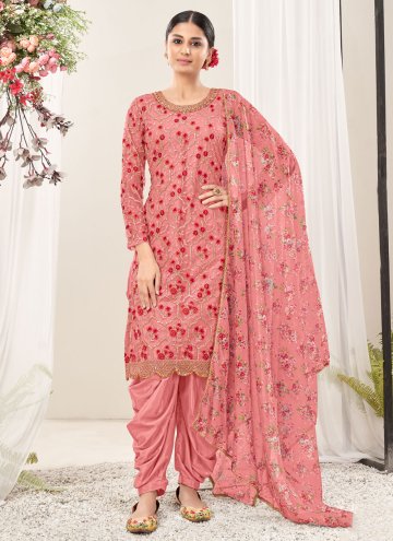 Embroidered Net Pink Patiala Suit