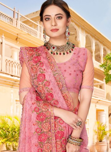 Embroidered Net Pink Trendy Saree