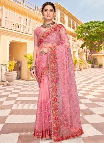 Embroidered Net Pink Trendy Saree