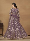Embroidered Net Purple Pant Style Suit - 1