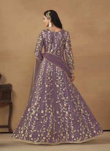 Embroidered Net Purple Pant Style Suit