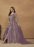 Embroidered Net Purple Pant Style Suit - 2