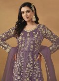 Embroidered Net Purple Pant Style Suit - 3