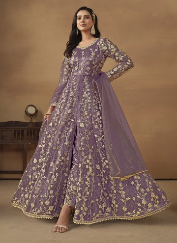 Embroidered Net Purple Pant Style Suit