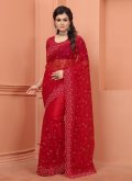 Embroidered Net Red Contemporary Saree - 1