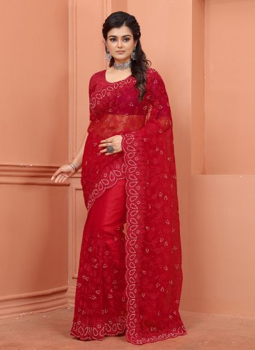 Embroidered Net Red Contemporary Saree