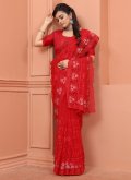 Embroidered Net Red Trendy Saree - 1