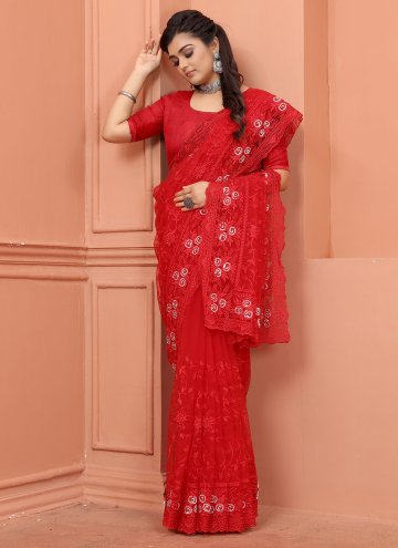 Embroidered Net Red Trendy Saree