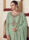 Embroidered Organza Green Straight Suit - 1