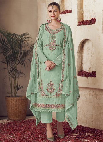 Embroidered Organza Green Straight Suit