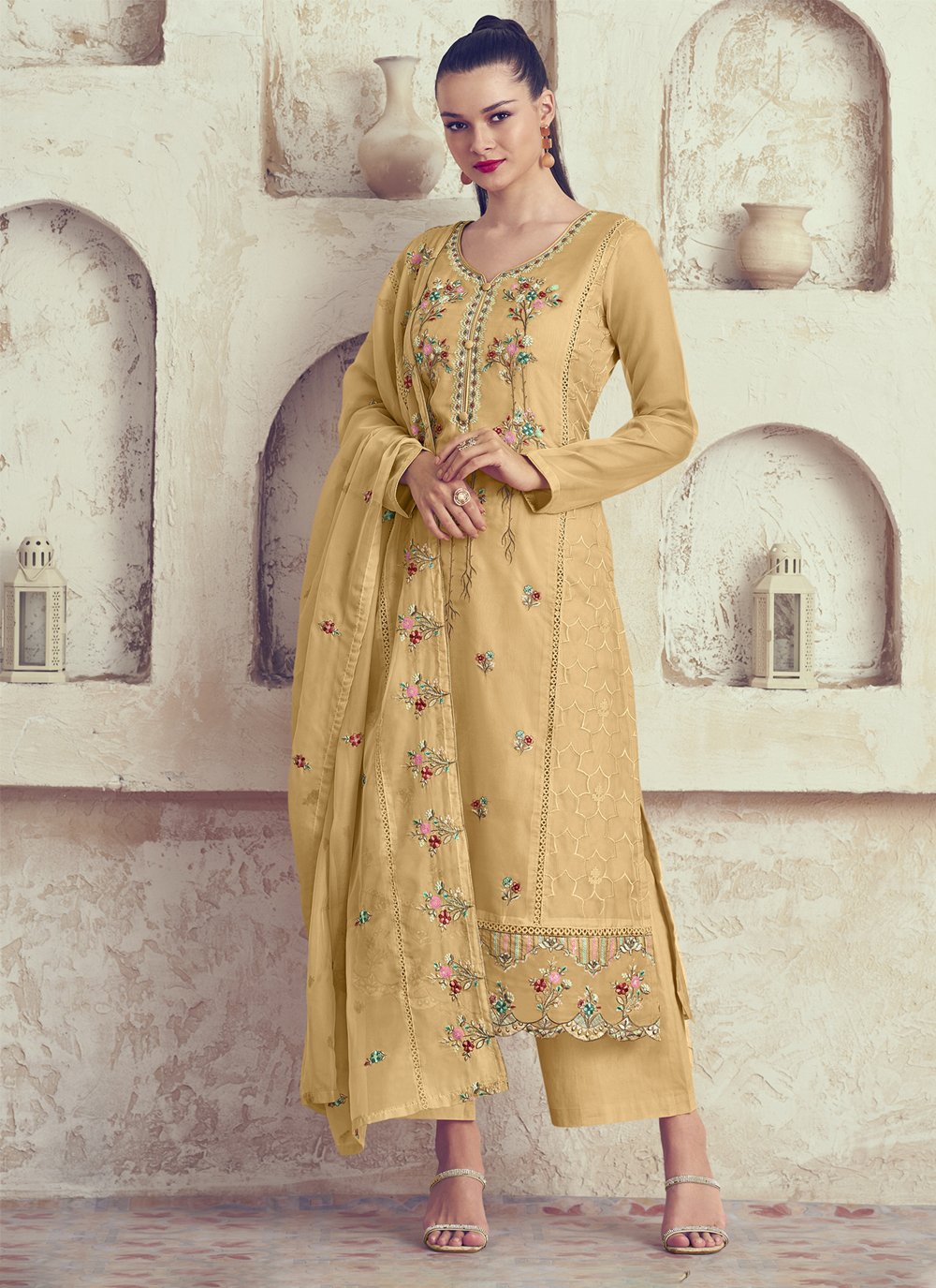 Yellow Salwar Kameez in Cotton with Embroidered - SK14818