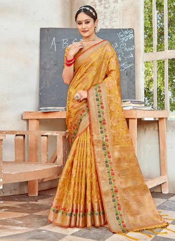 Embroidered Organza Yellow Traditional Saree
