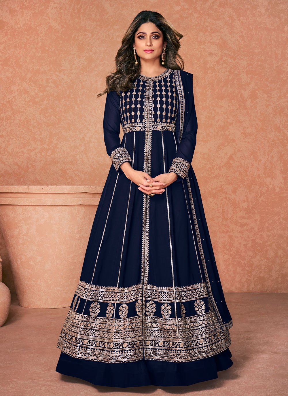Embroidered Pure Georgette Navy Blue Readymade Anarkali Salwar Suit