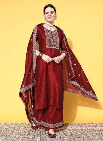 Embroidered Rayon Maroon Palazzo Suit