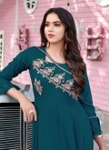Embroidered Rayon Teal Readymade Designer Gown - 1
