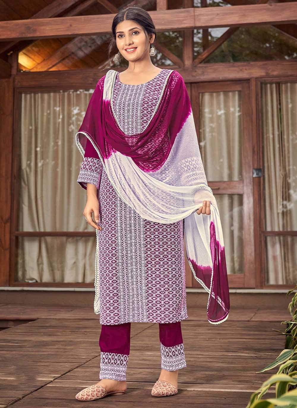 Embroidered Rayon Wine Straight Salwar Suit