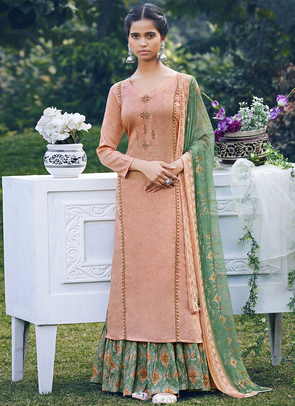 Embroidered Satin Peach Designer Pakistani Salwar Suit