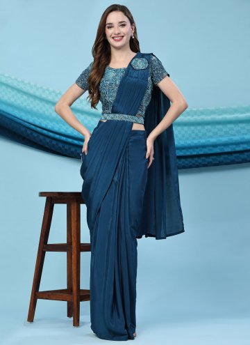 Embroidered Satin Silk Blue Trendy Saree