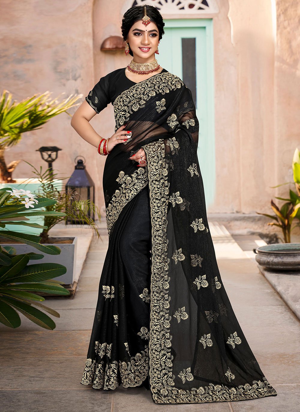 Buy Black Designer Saree With contrast blouse piece at Amazon.in-sgquangbinhtourist.com.vn