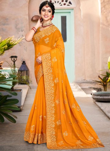 Embroidered Shimmer Orange Contemporary Saree