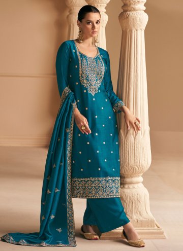 Embroidered Silk Aqua Blue Palazzo Suit