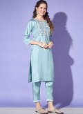 Embroidered Silk Aqua Blue Trendy Salwar Kameez - 1