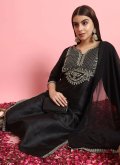 Embroidered Silk Blend Black Pant Style Suit - 1
