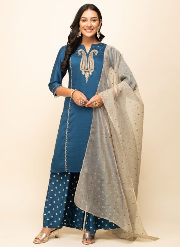 Embroidered Silk Blend Blue Salwar Suit