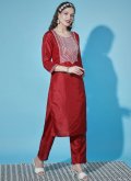 Embroidered Silk Blend Red Pant Style Suit - 3