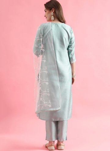 Embroidered Silk Blend Sea Green Pant Style Suit