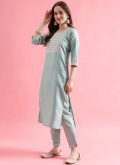 Embroidered Silk Blend Sea Green Pant Style Suit - 3