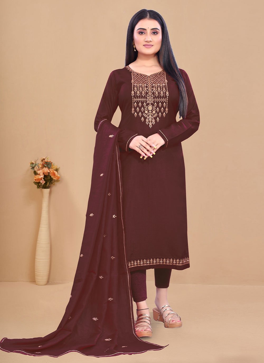 Embroidered Silk Brown Straight Salwar Suit