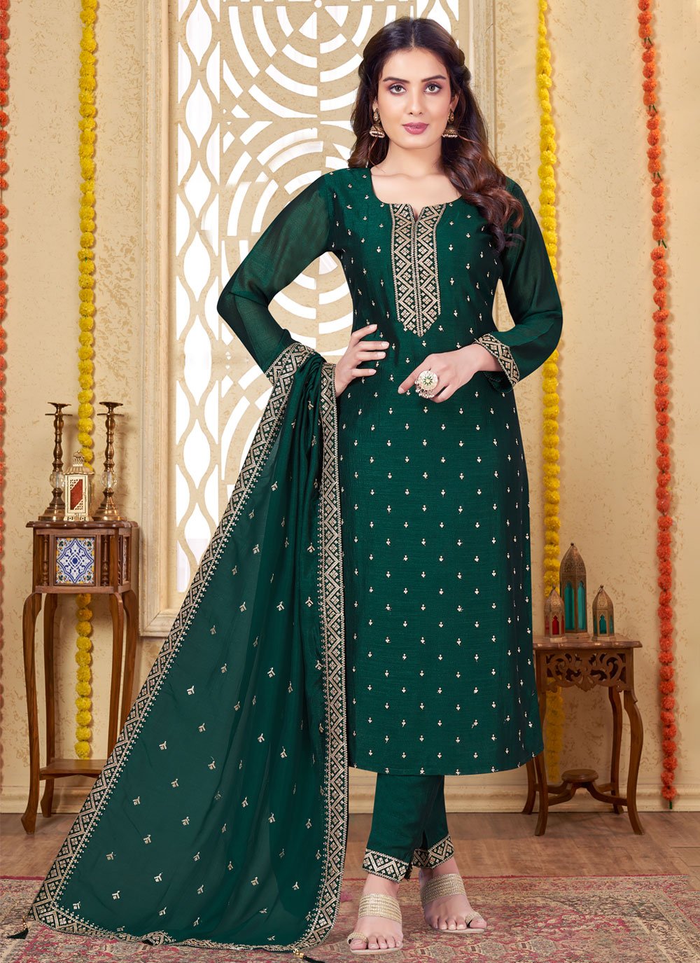 Attractive Net Based Green Kurti Style Salwar Suit Design – FOURMATCHING