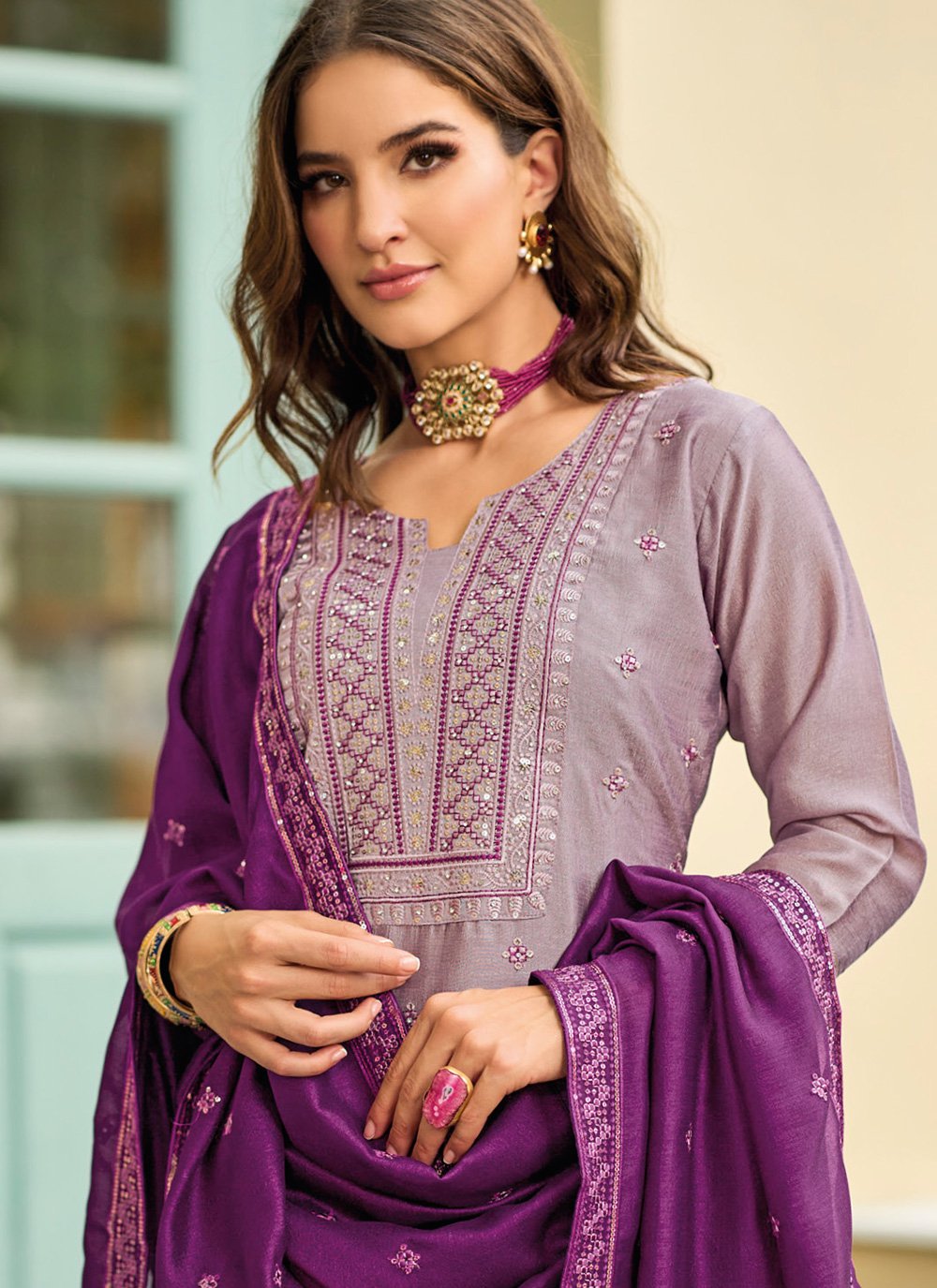 Embroidered Silk Mauve Pant Style Suit