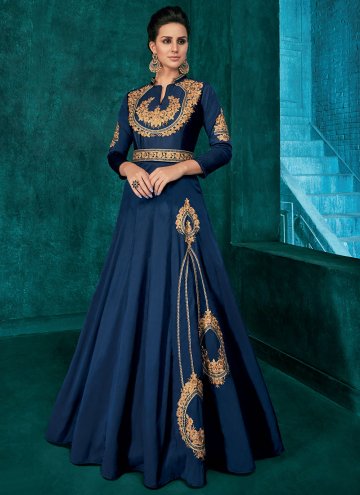 Embroidered Silk Navy Blue Gown