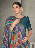 Embroidered Tussar Silk Blue Trendy Saree - 1