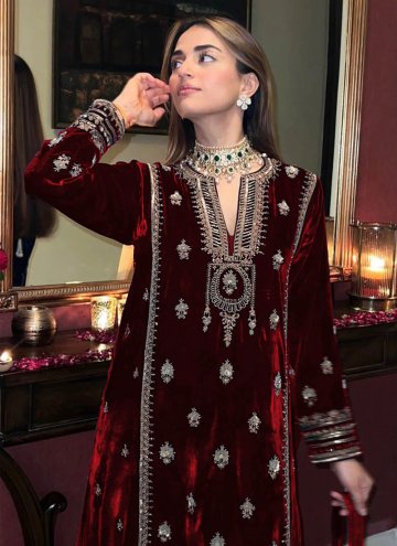 Embroidered Velvet Maroon Pakistani Suit