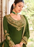 Embroidered Vichitra Silk Green Salwar Suit - 1