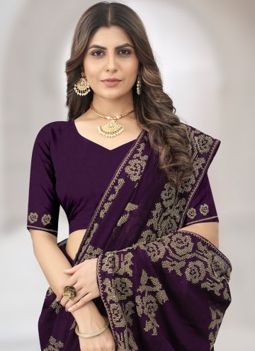 Embroidered Vichitra Silk Purple Classic Designer Saree
