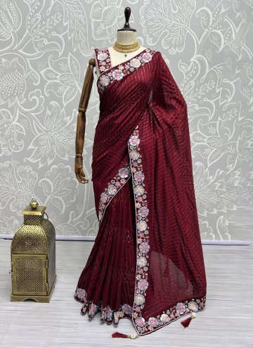 Embroidered Vichitra Silk Red Contemporary Saree