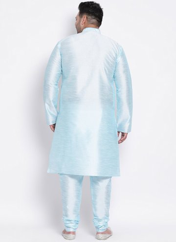 Fab Aqua Blue Art Dupion Silk Plain Work Kurta Pyjama