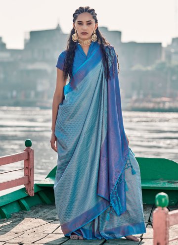 Fab Aqua Blue Silk Woven Trendy Saree for Festival